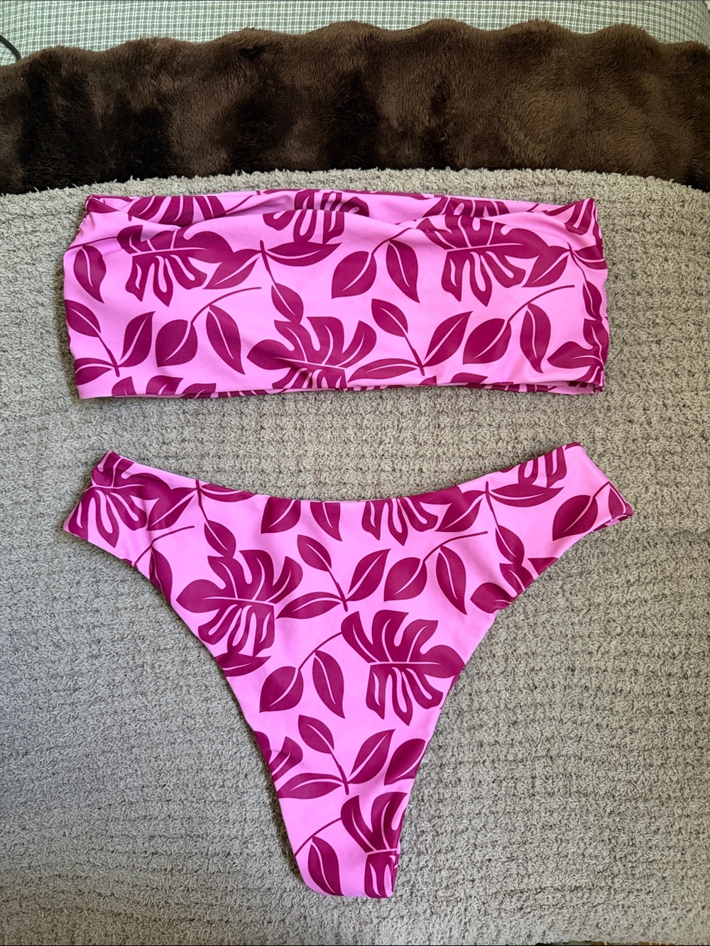 SHEIN Pink Two-Piece Tropical Leaf Bandeau Bikini